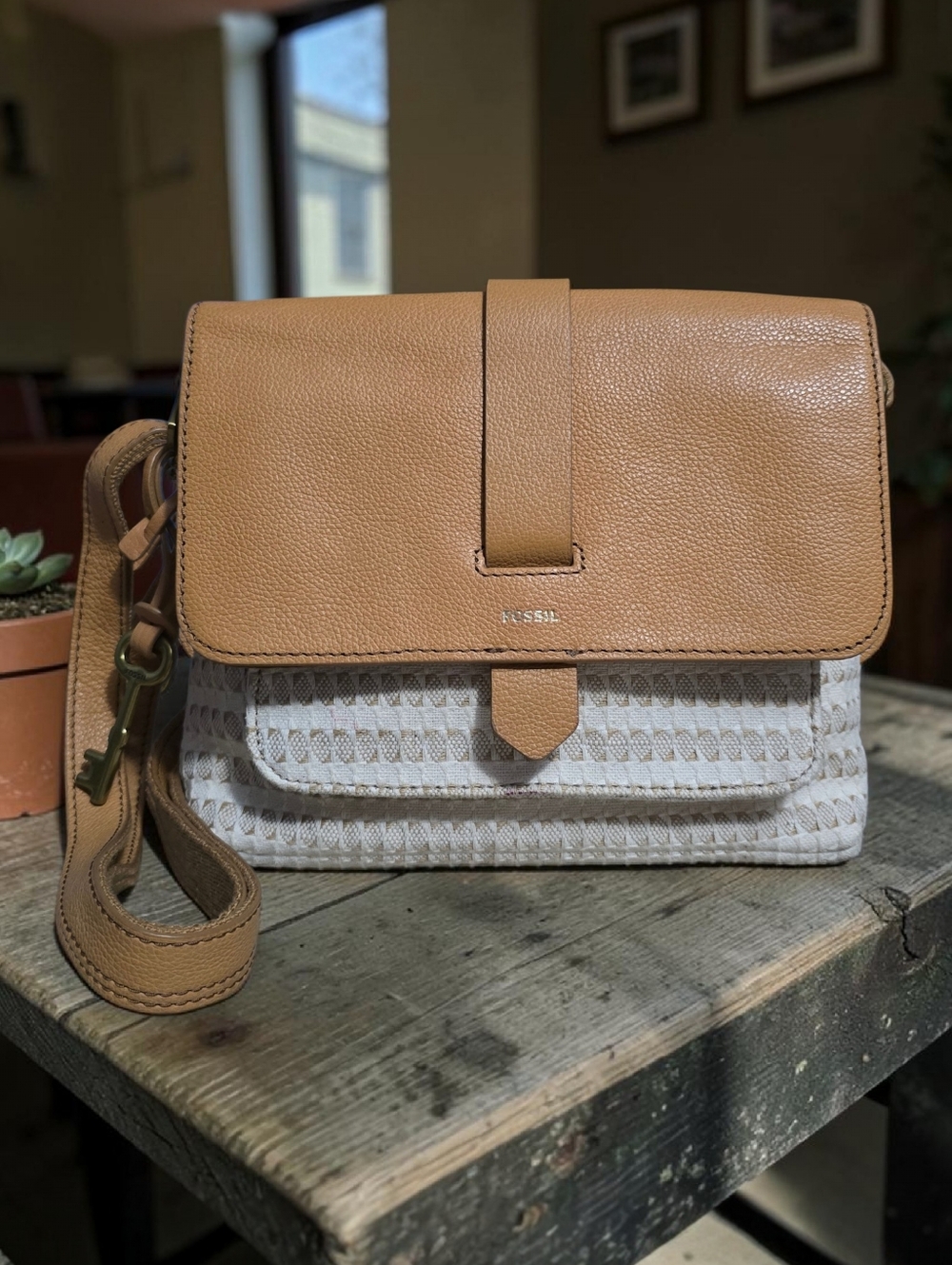 Fossil Kinley Tan and Cream Textured Cotton Small Crossbody/Shoulder Bag
